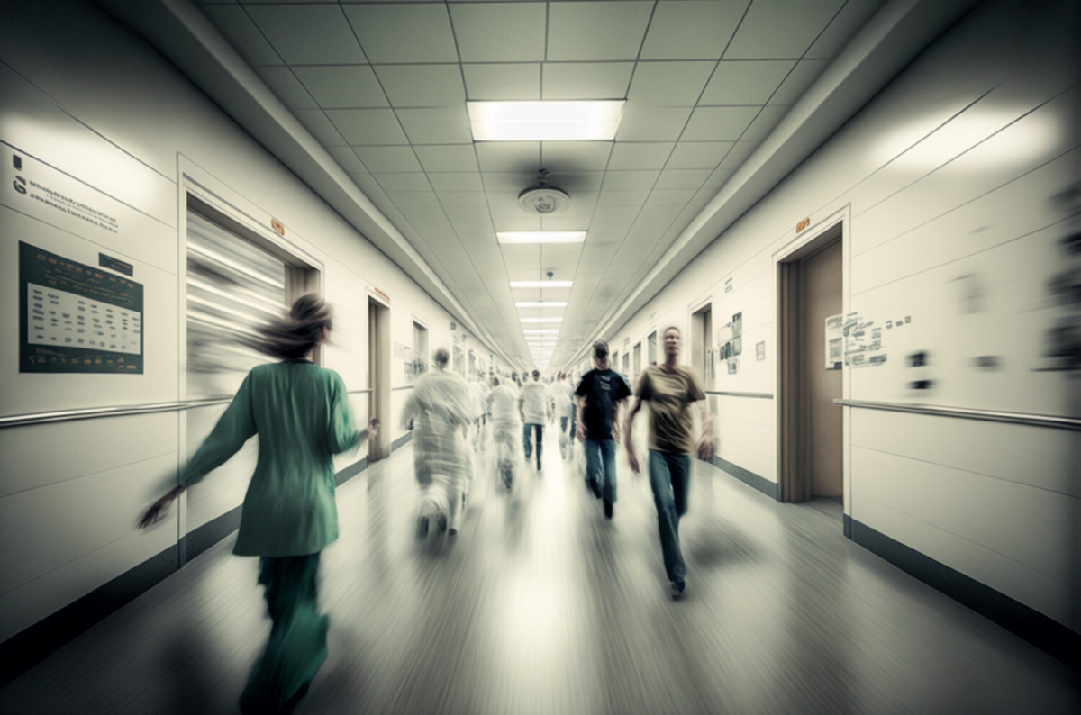 Hospital Staff Rushing Down the Busy Hallway - Generative AI. Hospital Staff Rushing Down the Busy Hallway - Generative AI.