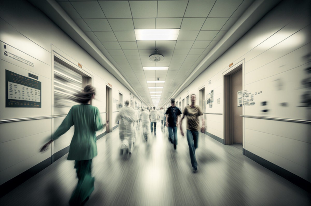 Hospital Staff Rushing Down the Busy Hallway - Generative AI.